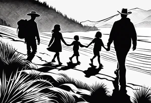 A shadow of a family of four walking through the Pacific northwest landscape. Faith centered and add Mexican culture .  Add border with importance of faith tattoo idea