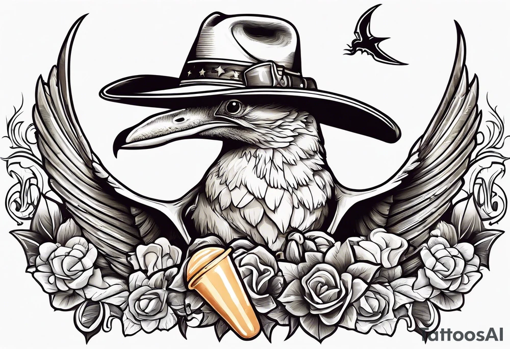 Pterodactyl wearing a cowboy hat eating ice cream sundae tattoo idea
