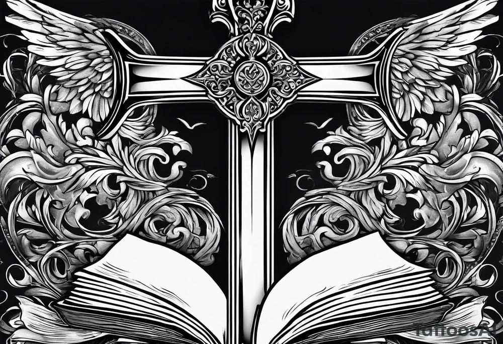 An opened bible with a battle Axe tattoo idea