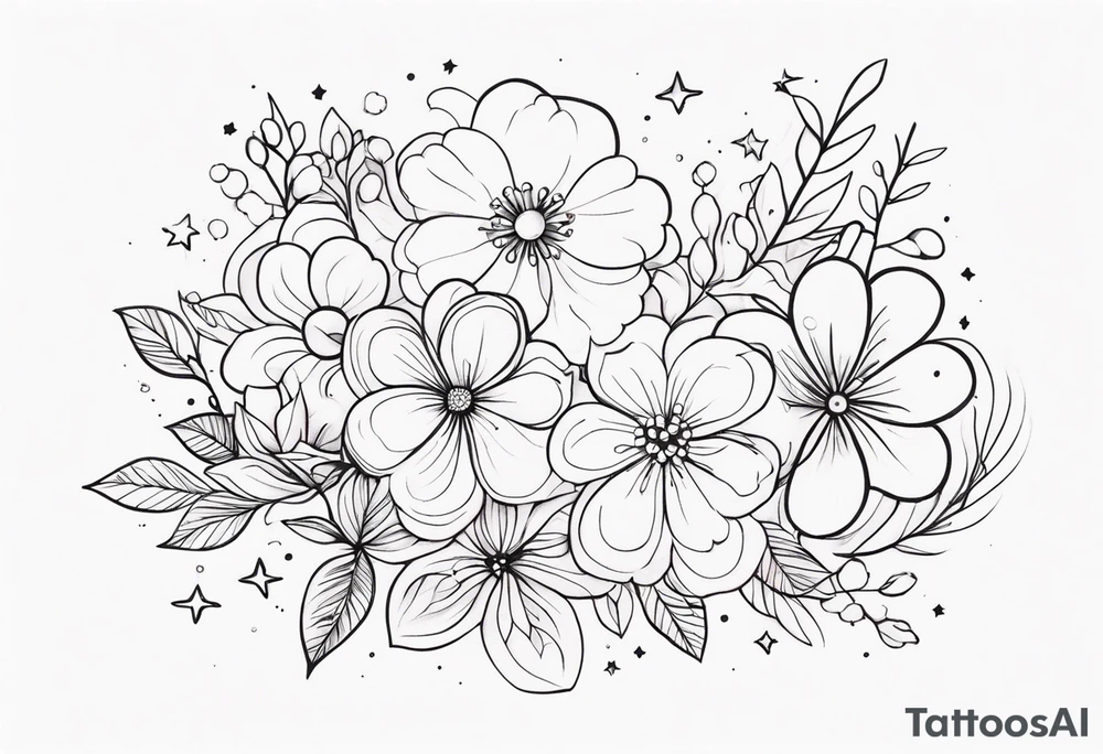 fine line floral with stars, swirls, dots tattoo idea