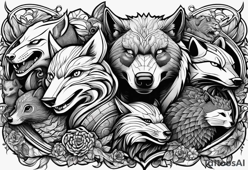 a super hero team which is combination of animals.
One is Badger/Wolverine One is Bull One is Wolf One is Axolotl One is Canary One is Lizard One is Cat tattoo idea