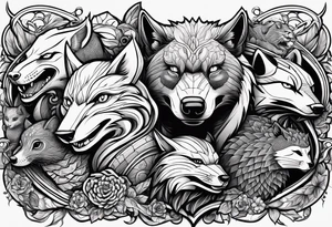 a super hero team which is combination of animals.
One is Badger/Wolverine One is Bull One is Wolf One is Axolotl One is Canary One is Lizard One is Cat tattoo idea