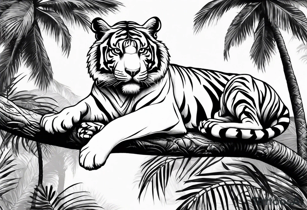 tiger laying on palm tree tattoo idea
