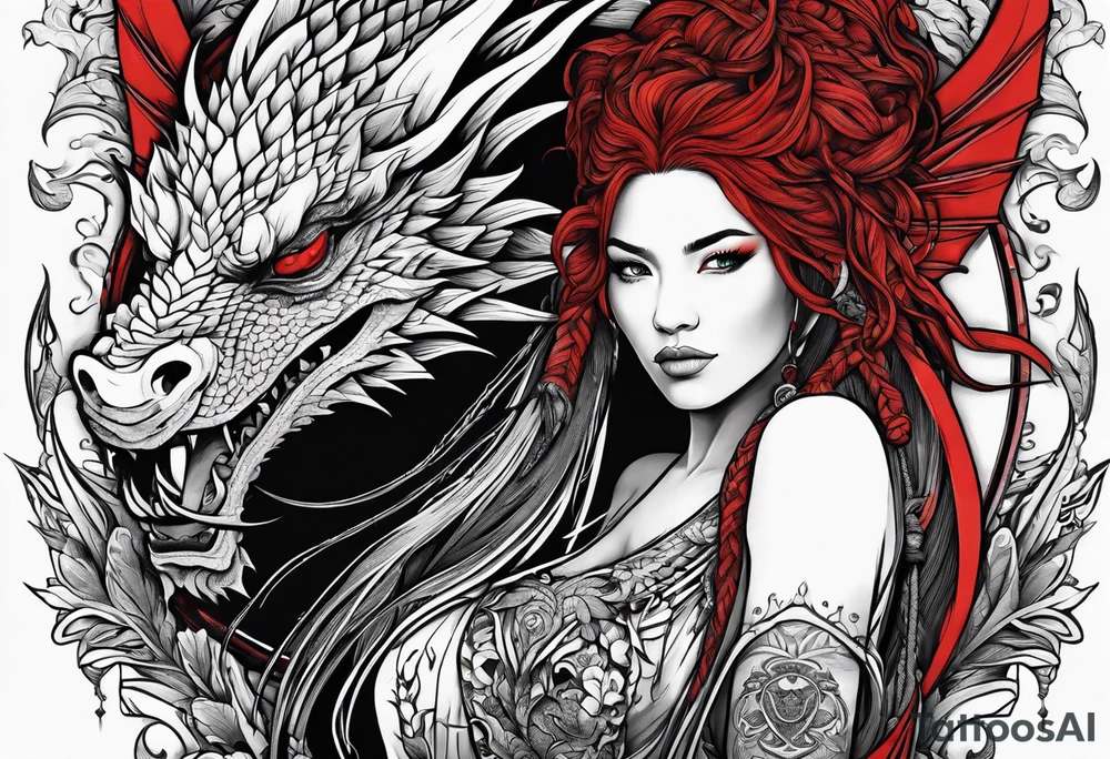 Red dragon behind woman with dreadlocks tattoo idea Red dragon behind woman with dreadlocks tattoo idea