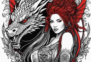 Red dragon behind woman with dreadlocks tattoo idea