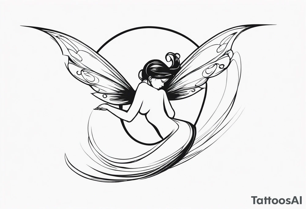 Minimalistic, monochromatic fairy with a tail flying to the left in a fetal position, leaning and looking in the same direction, with visible hands, embodying the 'Fairy Tail' logo aesthetic. tattoo idea