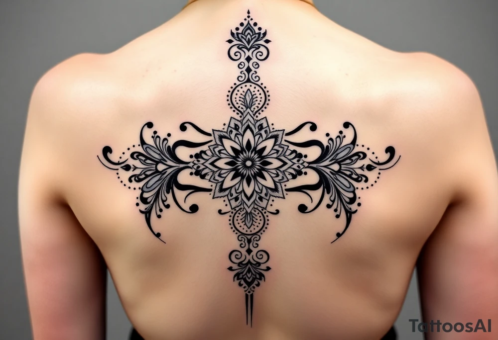 spine tattoo design with symmetrical ornamental patterns, combining dotwork, mandala elements, and flowing lines that follow the natural curves of the body with tribal-inspired lower back tattoo with sweeping symmetrical curves, bold linework, and soft floral accents, creating a feminine yet powerful aesthetic. The design is intricate and balanced. tattoo idea