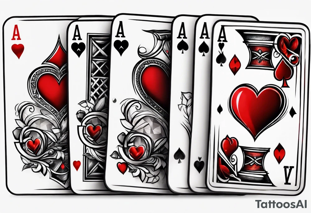 8 aces, overlapping in a row, first two faded/broken aces of hearts tattoo idea