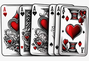 8 aces, overlapping in a row, first two faded/broken aces of hearts tattoo idea