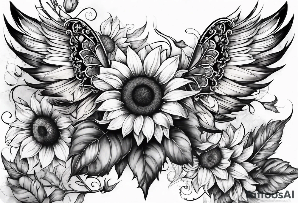 Sunflowers and angel wings leg sleeve tattoo idea