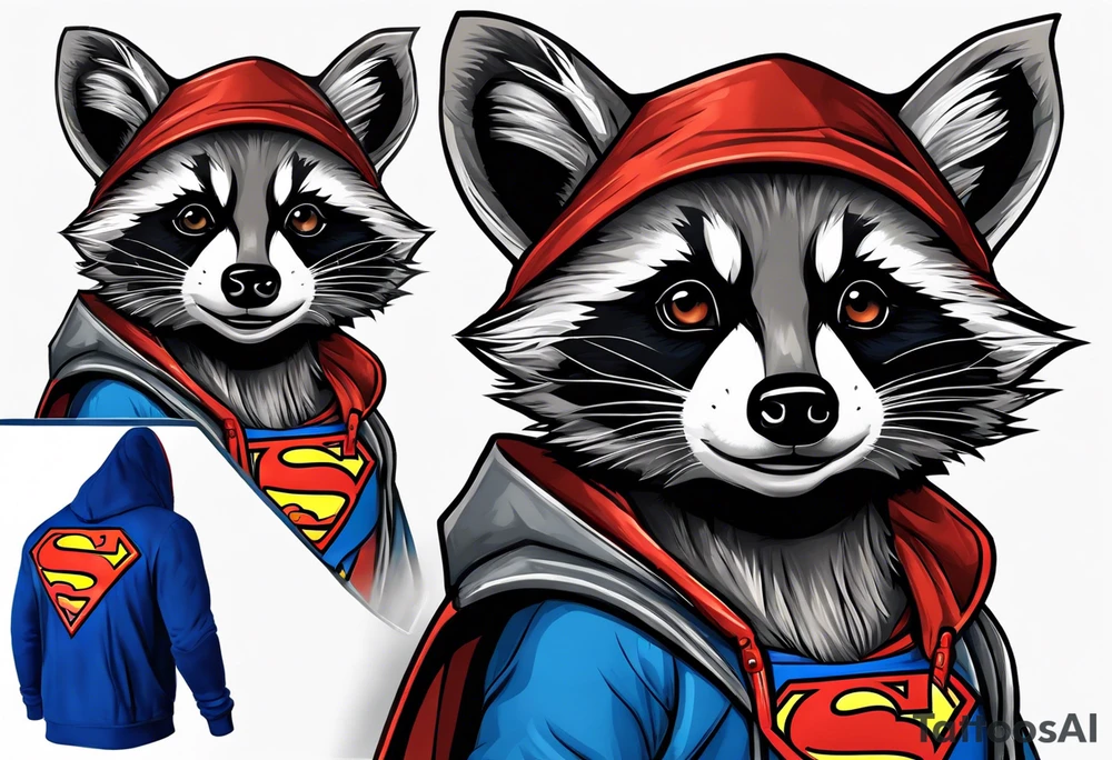 raccoon wearing a Superman hoodie tattoo idea