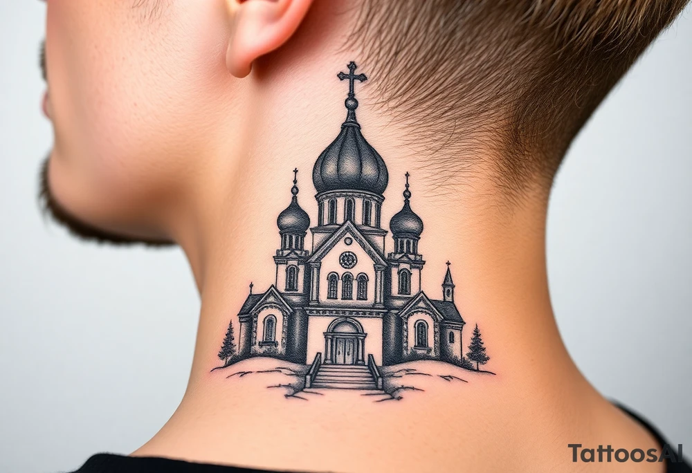 medium sized russian orthodox dome church with a visible virgin mary in a russian lakes country setting tattoo idea