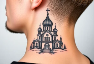 medium sized russian orthodox dome church with a visible virgin mary in a russian lakes country setting tattoo idea