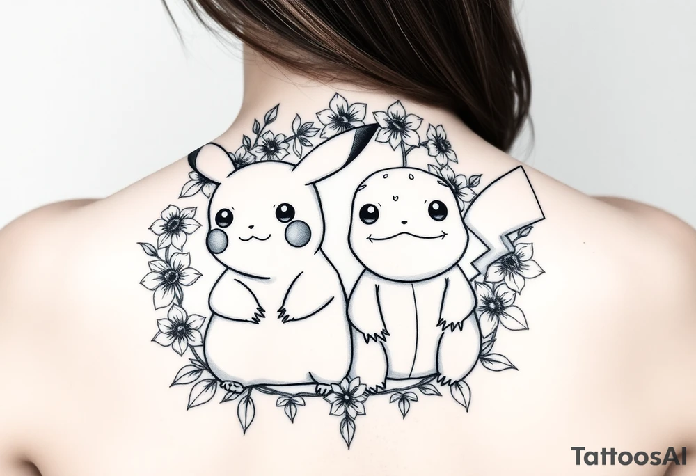 Pikachu and Bulbasaur together surrounded by a flower crown made up of daffodils and narcissus flowers tattoo idea
