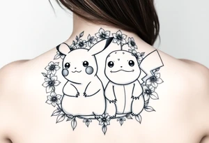Pikachu and Bulbasaur together surrounded by a flower crown made up of daffodils and narcissus flowers tattoo idea