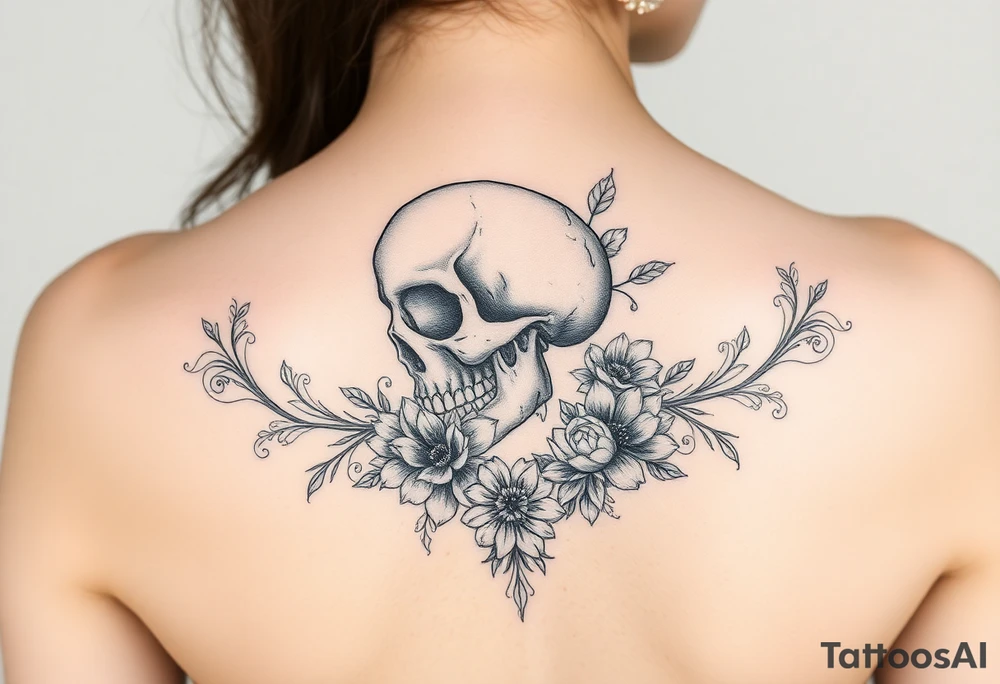 skull slightly facing left, surrounded by floral ornaments tattoo idea