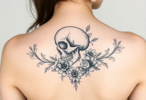 skull slightly facing left, surrounded by floral ornaments tattoo idea