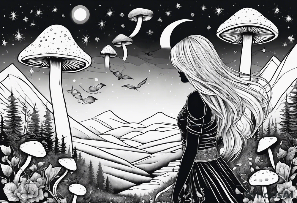 Straight blonde hair girl facing mountains surrounded by mushrooms crescent moon tattoo idea