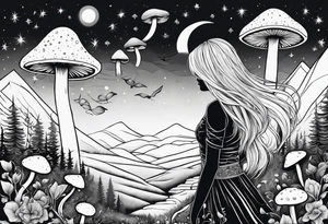 Straight blonde hair girl facing mountains surrounded by mushrooms crescent moon tattoo idea