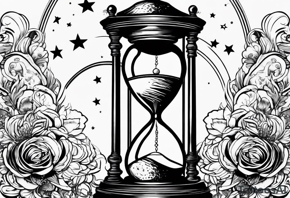 I want a tattoo-inspired design for a t-shirt that features a bold and detailed hourglass with astronomy tattoo idea