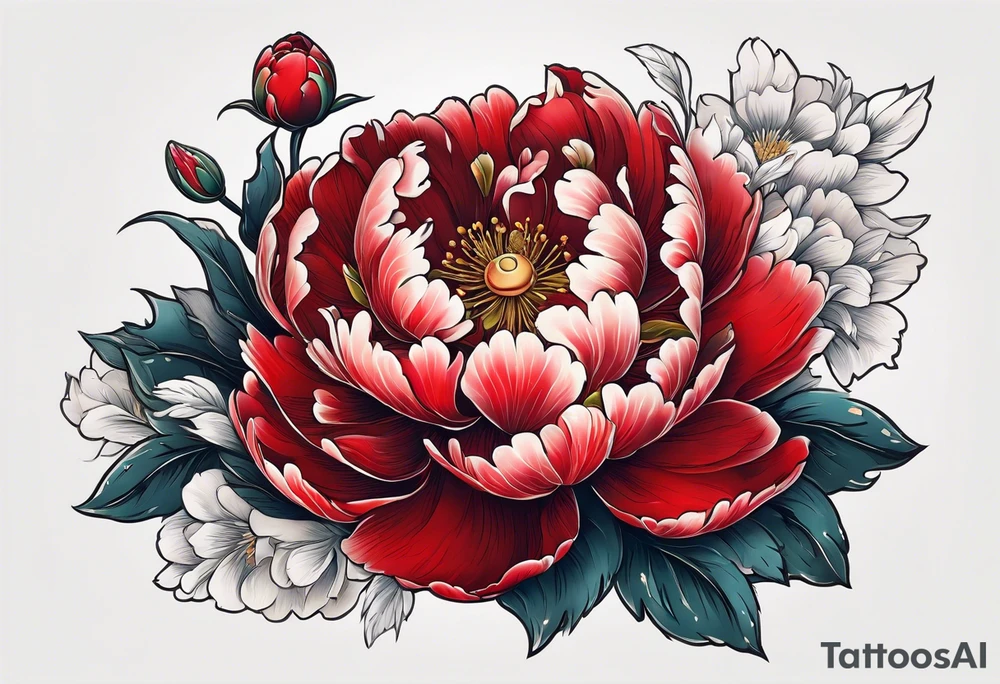Red peony with small rabbit on petal tattoo idea