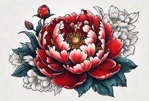 Red peony with small rabbit on petal tattoo idea