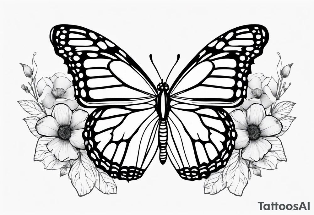Design a black and white fine line tattoo of a monarch butterfly. The top halves of the wings should be filled with delicate poppy flowers, seamlessly integrated into the wing design. The overall style should be minimalistic and elegant, with clean lines and intricate details. The bottom halves of the wings should remain simple to emphasize the flowers above. tattoo idea