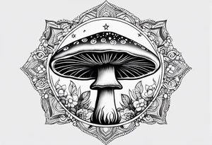 Black mushroom tattoo with henna style mandala crescent moon design surrounding it tattoo idea