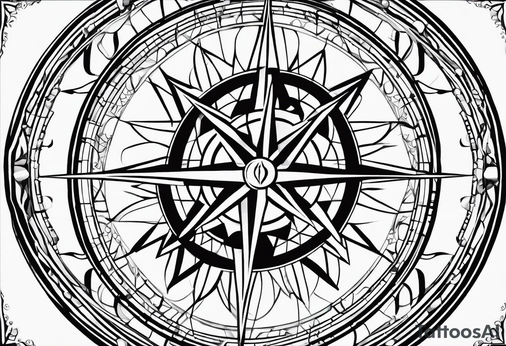 a classic compass rose as the central element,Overlaying the compass rose is a simplified molecular structure of serotonin tattoo idea