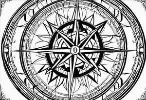 a classic compass rose as the central element,Overlaying the compass rose is a simplified molecular structure of serotonin tattoo idea