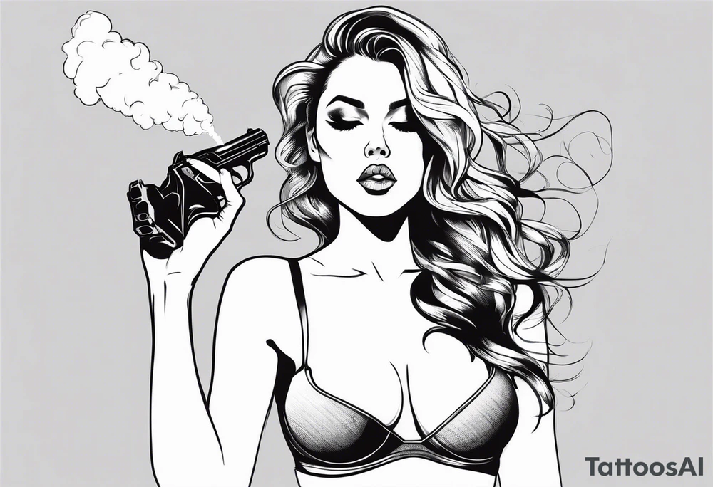 sexy girl holding gun in bra and mini shorts blowing smoke tattoo idea