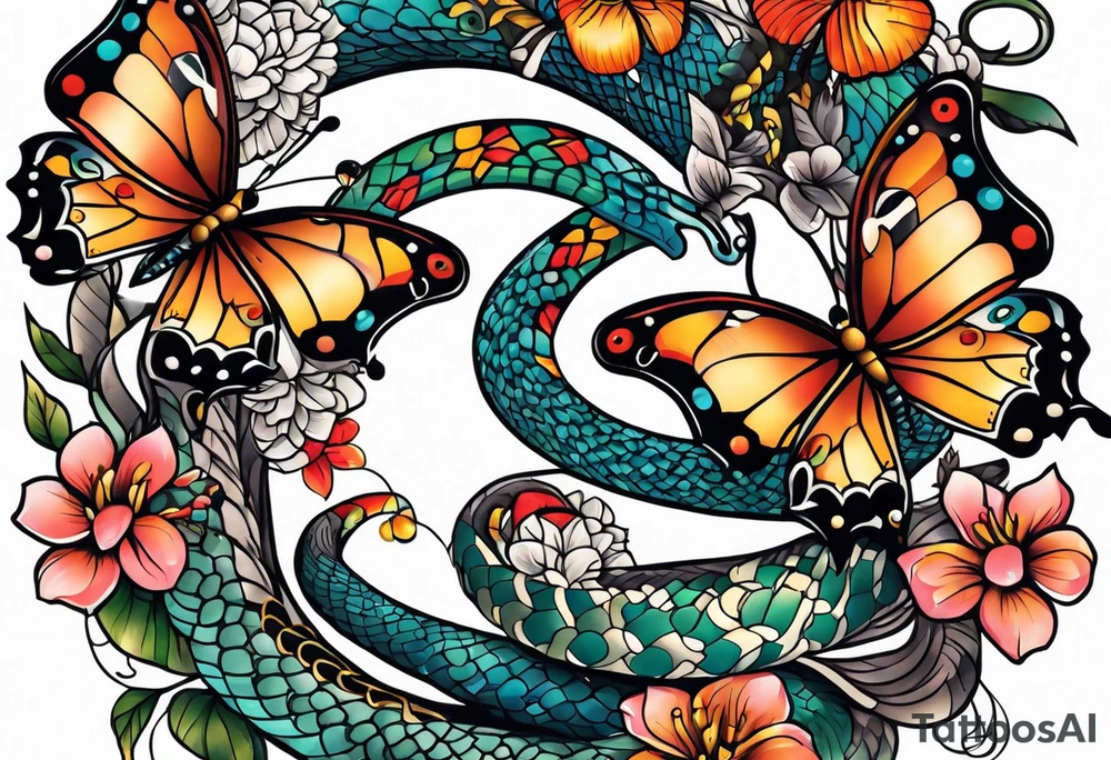 Butterflies surrounding a snake tattoo idea
