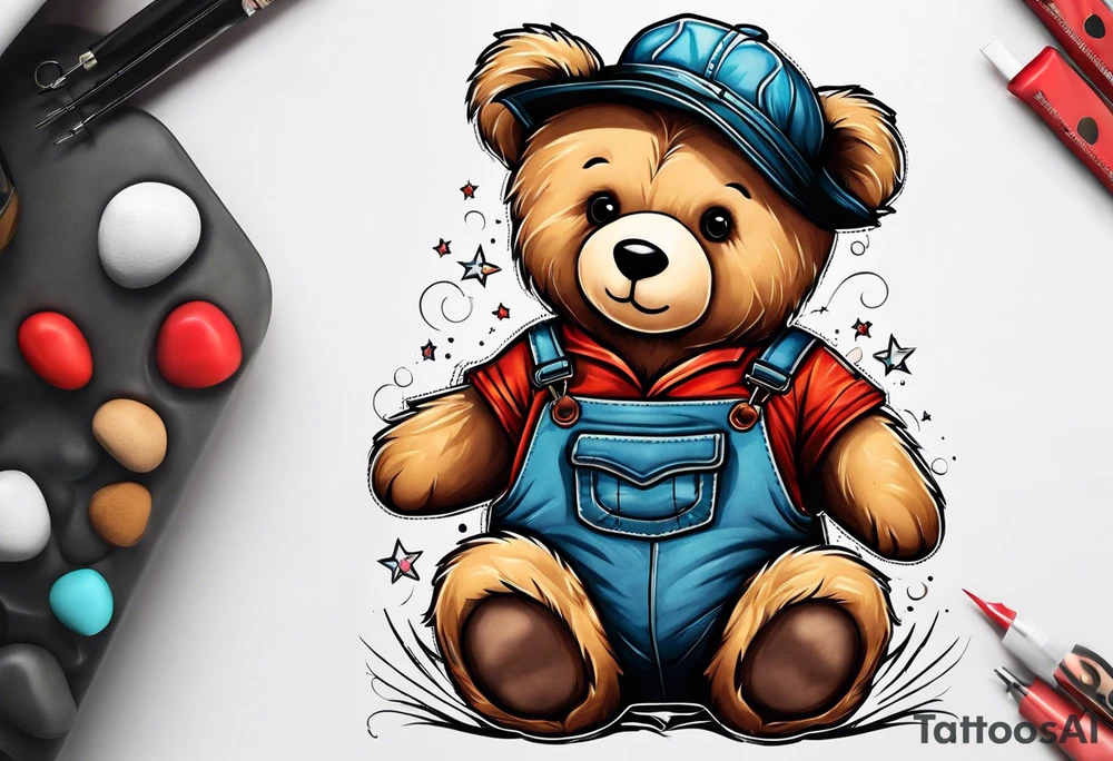 teddy bear in overalls tattoo idea