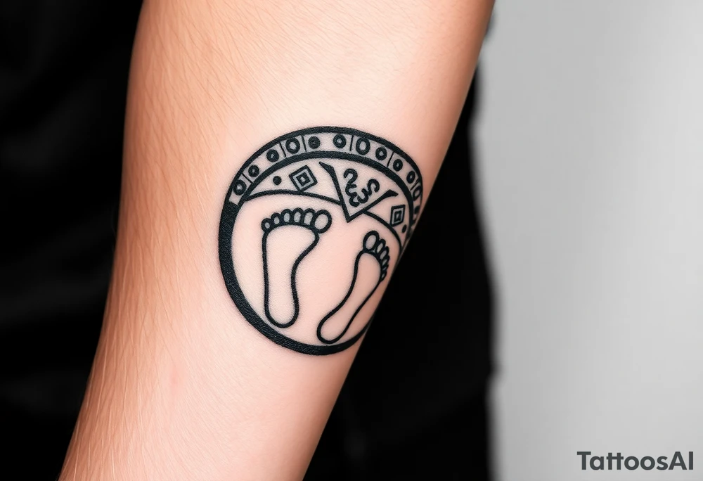 Tribal tattoo in ring/band with Ghanaian symbols as well jamaica incorporated with 4 baby foot prints tattoo idea