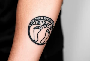Tribal tattoo in ring/band with Ghanaian symbols as well jamaica incorporated with 4 baby foot prints tattoo idea