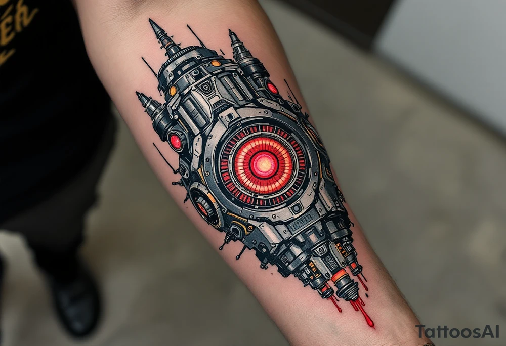 A tattoo depicting a mechanical full arm tattoo socketed into the forearm, with crimson power cores pulsing behind stainless steel plating. tattoo idea