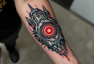 A tattoo depicting a mechanical full arm tattoo socketed into the forearm, with crimson power cores pulsing behind stainless steel plating. tattoo idea