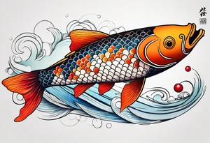 koi fish with a little narrow body, elongated fins, trimmed with pearls, ginko leaves around, minimal color, sketch technic, gradient lines theme tattoo idea