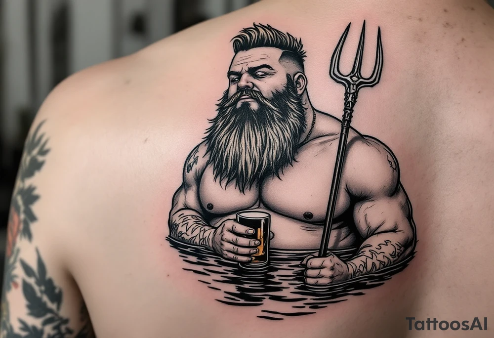 Gay fat guy, with no facial hairs, with trident, half way in calm water, with a beer tattoo idea