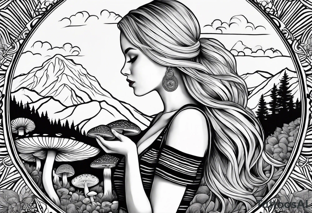 Straight blonde hair girl holding mushrooms in hand facing away toward mountains surrounded by mushrooms mandala circular design black and white striped dress tattoo idea