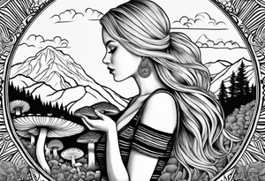 Straight blonde hair girl holding mushrooms in hand facing away toward mountains surrounded by mushrooms mandala circular design black and white striped dress tattoo idea