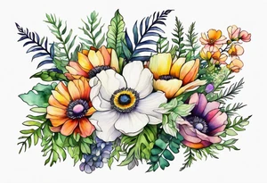 Simple Multicolored wild flowers with ferns and white anemone all watercolor tattoo idea