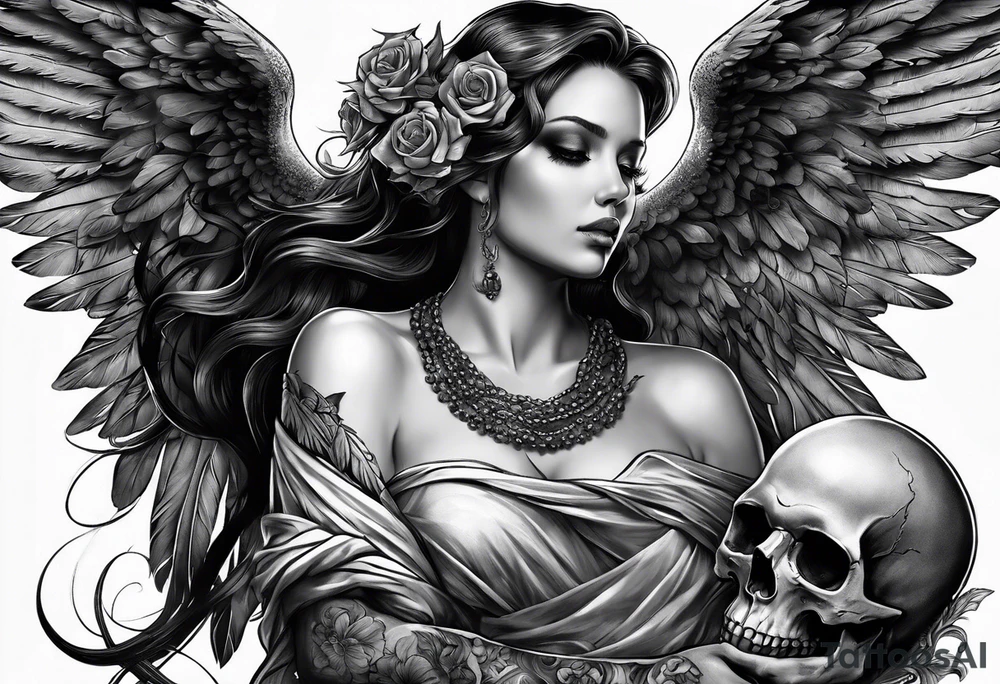 Angel in black holding a skull tattoo idea