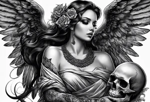 Angel in black holding a skull tattoo idea