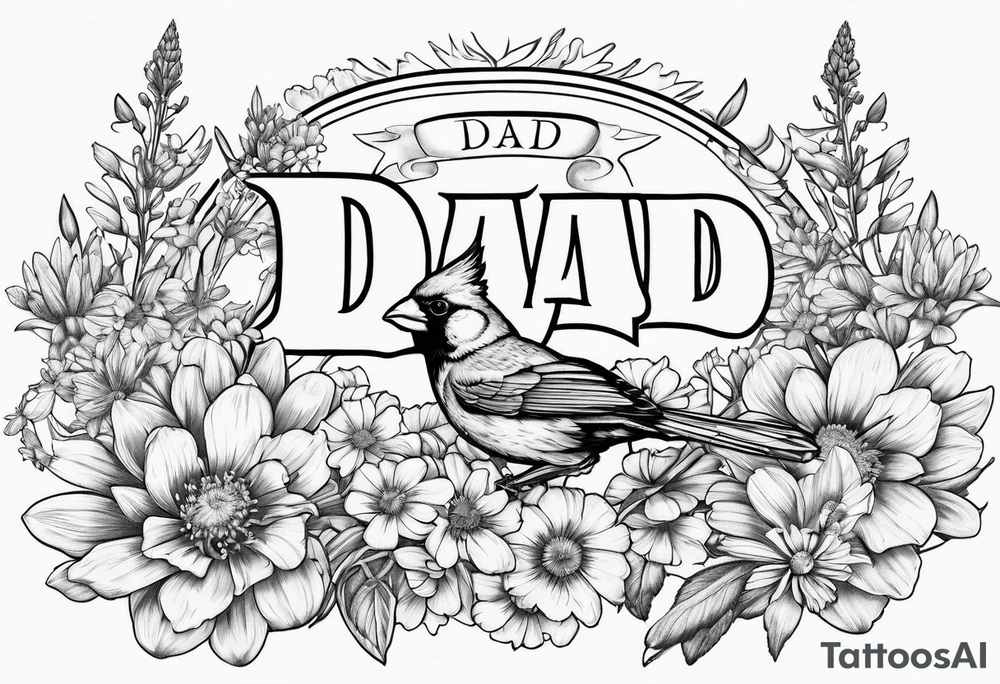 Aster flowers and sea rocket flowers with a cardinal around the words Dad tattoo idea