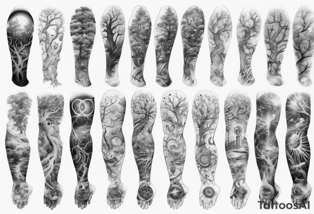 full arm sleeve tattoo... DNA, science, guitar, piano, music. tree of life, focus, masculine tattoo idea