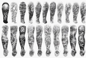 full arm sleeve tattoo... DNA, science, guitar, piano, music. tree of life, focus, masculine tattoo idea