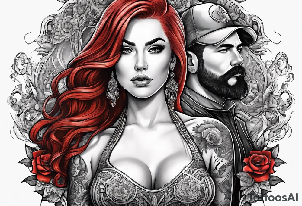 Busty Red haired woman with black haired bearded man tattoo idea