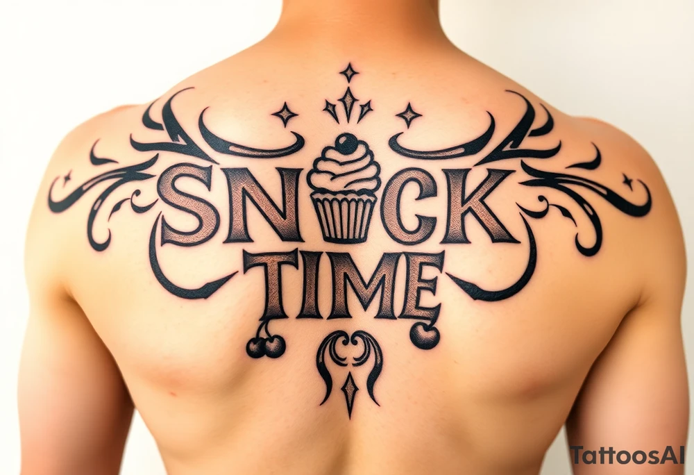 Pretty letters with lots of swooshes saying snack time with cupcakes, cherries and stars tattoo idea