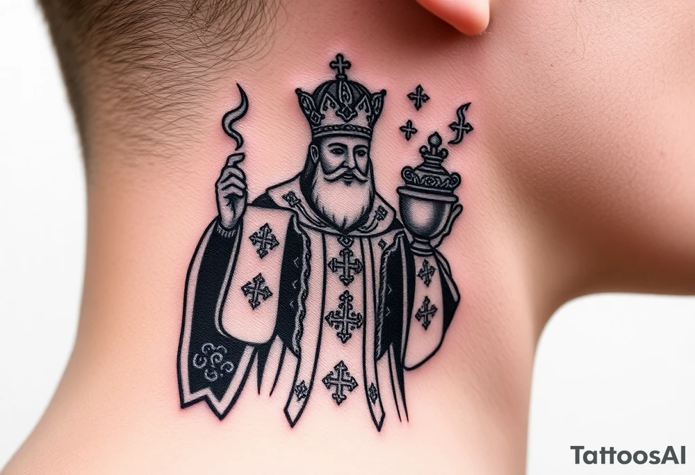 Russian Orthodox Priest in a fully detailed gold vestment swinging a censer with smoke curling upward tattoo idea